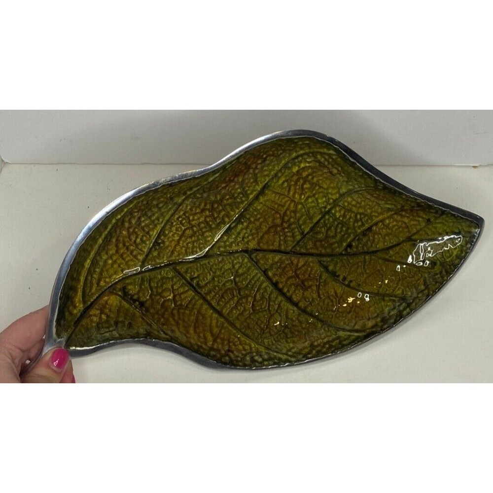 Green Leaf Fall Decorative Serving Tray Artistic Accents - Aluminum Centerpiece
